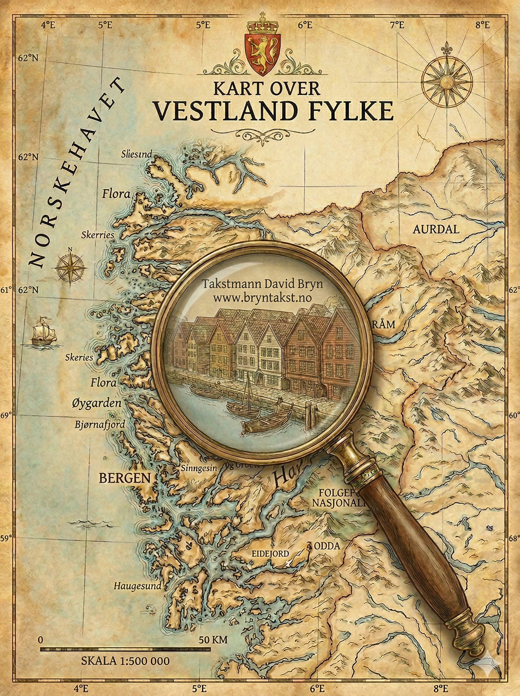 Kart over Vestland fylke som viser dekningsområdet til Takstmann David Bryn AS i Bergen og omegn